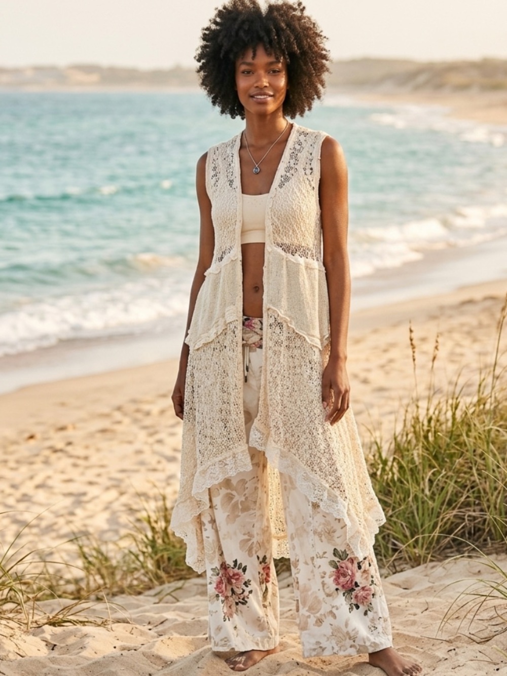 💕POL Boho Open-Front Crochet Cardigan in Cream with Lace Trim